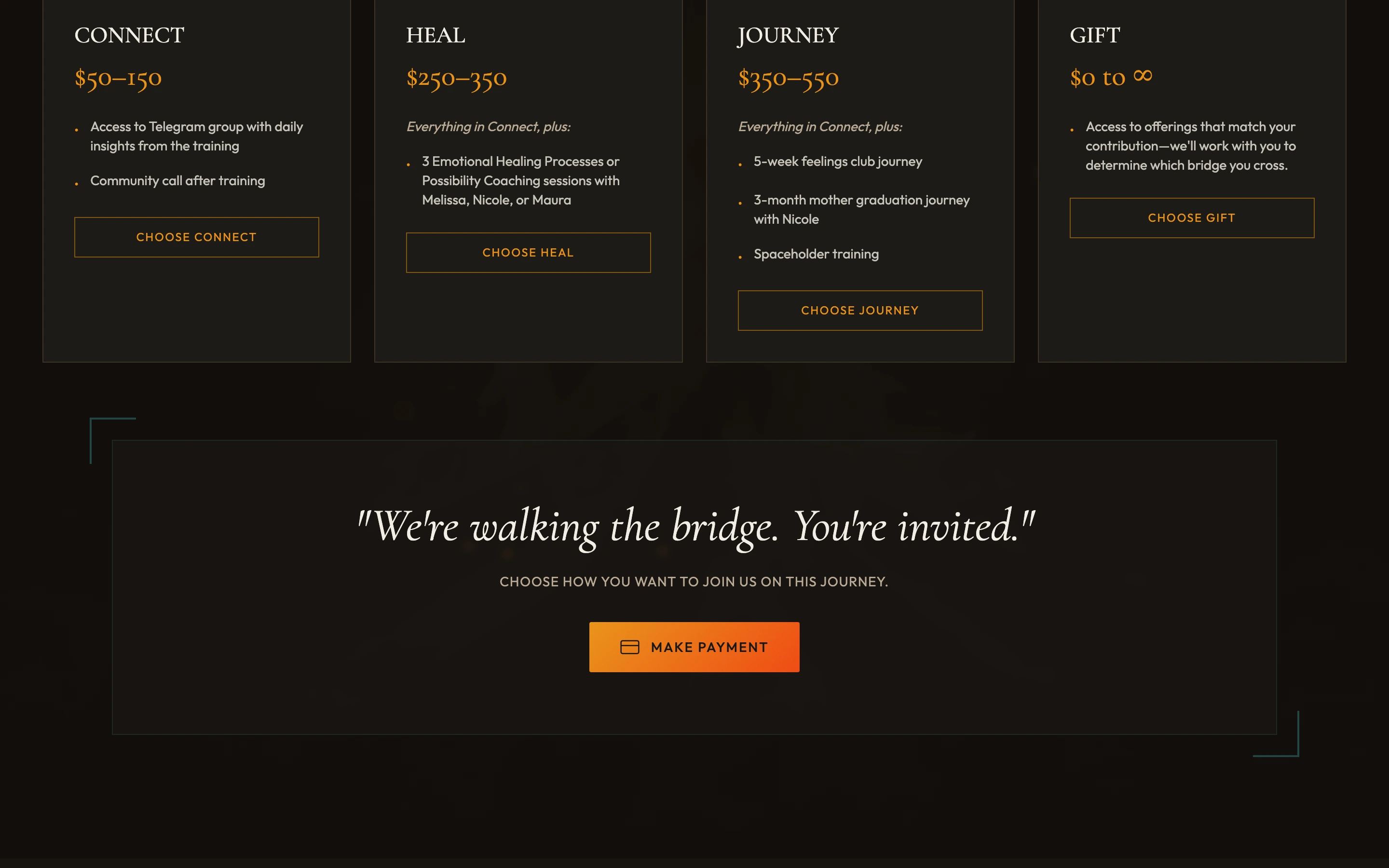 Pricing tiers: Connect, Heal, Journey, Gift