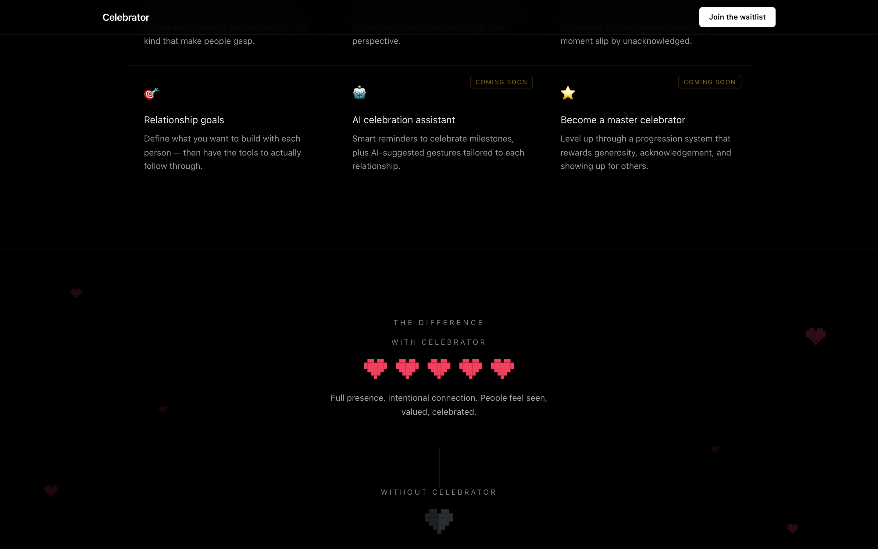 Celebrator the difference section with pixel hearts